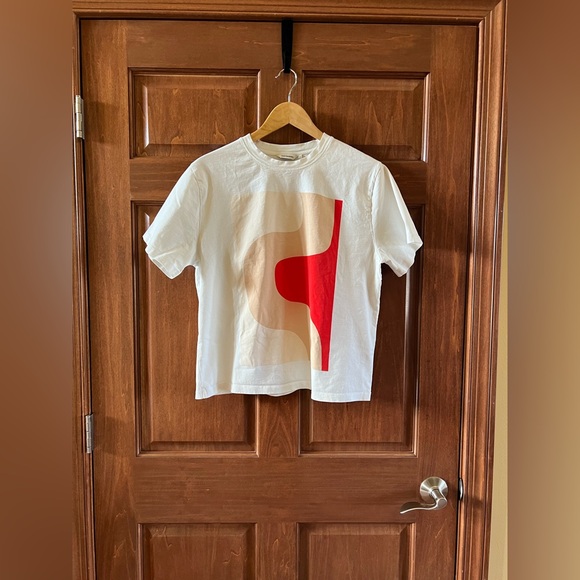 Marimekko T-shirt White with Graphic Art in Red and Tan Size L - Picture 2 of 13